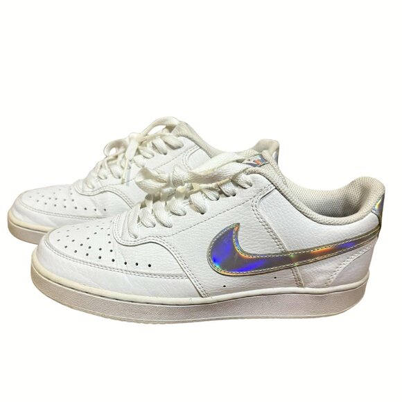 Nike Court Vision Low Women Sneakers White Iridescent Swoosh Size 8.5 Streetwear - Picture 1 of 9
